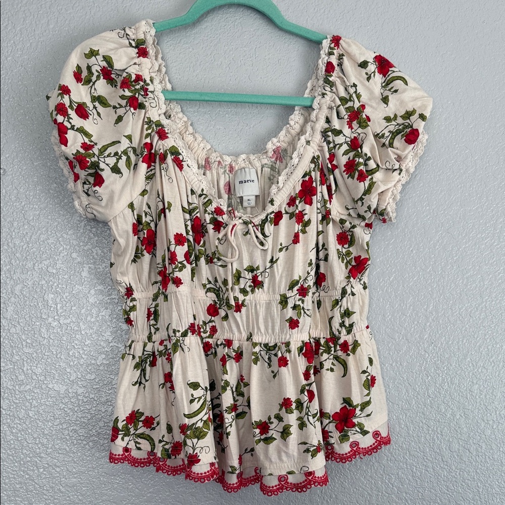 Maeve Short-Sleeve Sweetheart-Neck Peplum Top Size X-Large - Picture 2 of 7